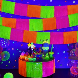 Mega-L Glow in The Dark Party Supplies, 4 Pack Foil Fringe Garland Birthday Party Decorations 9.8 ft Fluorescent Macaron Orange, Yellow and Fuchsia Metallic Tinsel Banner, Photo Booth Prop Table Skirt