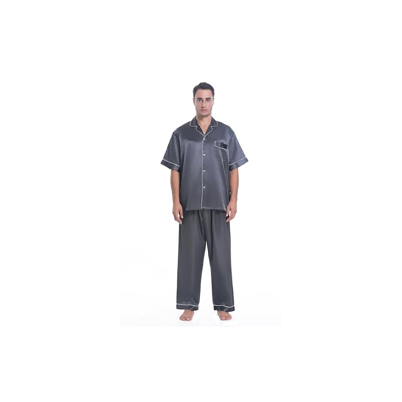 Lavenderi Men's Short Sleeve Classtic Satin Pajama Set (S, Silver)