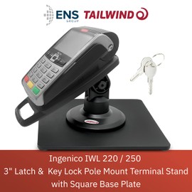 ENS Tailwind Ingenico IWL 220/IWL 250 3" Latch and Key Lock Compact Pole Mount Terminal Stand with Square Freestanding Mobility Base Plate, Black