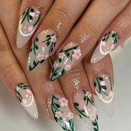 Tyuimhx 3D Pink Flower Press on Nails Medium Almond Fake Nail with Designs Green Leaves False Nails Flowers Stick on Nail for Women 24 Pcs
