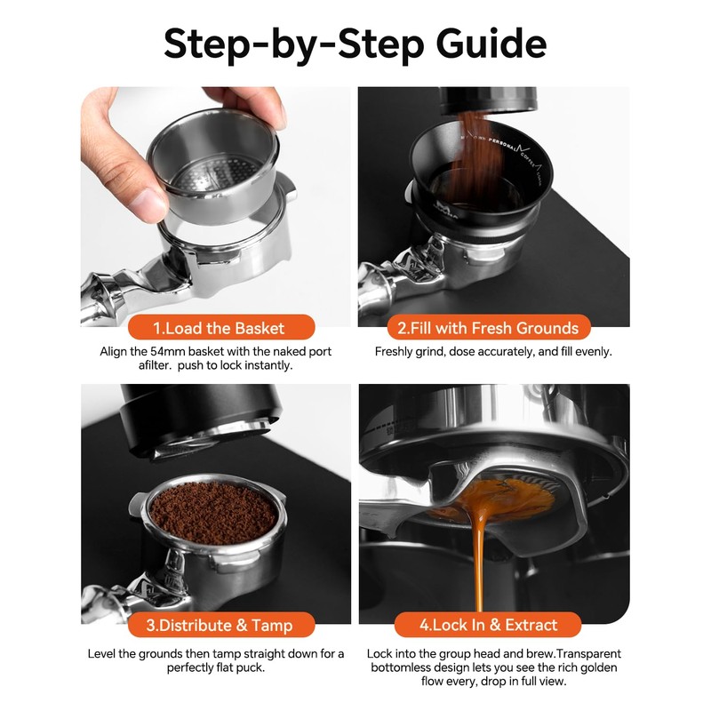 MUVNA 54mm Bottomless Portafilter, 3 Ears, Wood Grain Pattern, 16g