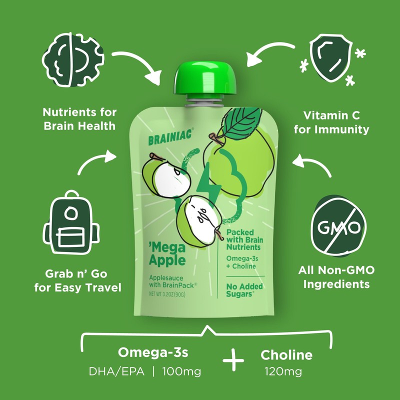 Brainiac Apple Applesauce, Unsweetened Applesauce with Vitamin C, Omega-3s &