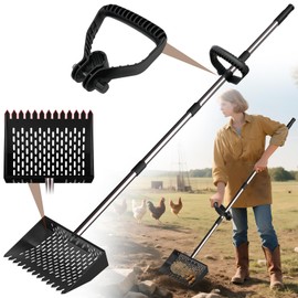 OJLUOJ Metal Chicken Poop Scooper & Rake Scoop 10" Metal Chicken Coop Rake with Assistanted Handle Grip Heavy Duty Scoop Tool Adjustable Long Handle (36 to 62") for Coops Farm Animals