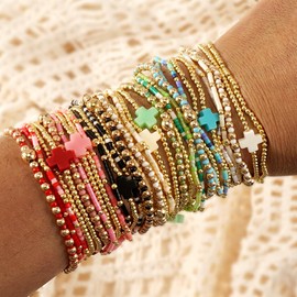 Bohxantium 14K Gold Plated Beaded Stretch Bracelets Stack Set for Women- Pink Stackable Elastic Waterproof Boho Style with Cross Bracelet - Colorful Seed Beads Jewelry Christian Faith Summer Gift