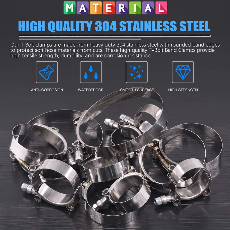 Glarks 12Pcs 6 Sizes 32-116mm Stainless Steel T-Bolt Hose Clamps