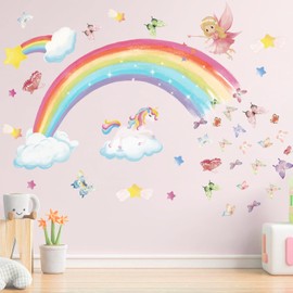 Rainbow Wall Decals Unicorn Wall Decals for Girls Bedroom Butterflies Clouds Fairy Pink Wall Stickers for Girls Room Large Watercolor Vinyl Wall Decals Peel and Stick Decor for Baby Nursery Playroom