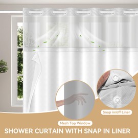 Aikku Small Stall Shower Curtain and Snap in Liner Set 74" L x 36" W,White Tufted Chevron Striped Cloth Waterproof Washable Fabric,Boho Bath Curtain with See Through Mesh Top Window for Bathroom Hotel