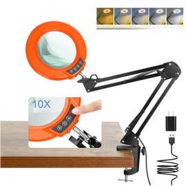 10X Magnifying Glass with Light and Clamp, Real Glass Stand Lighted Magnifier, 5 Color Modes Stepless Dimmable LED Desk Lamp Hands Free for Crafts Hobby Reading Painting Close Work - Black Orange