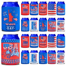 4th of July Decorations 20 Pcs Red White Blue Can Cooler Sleeves Koozies Bulk for Independence Day Accessories American Flag Collapsible Insulator Cover Patriotic Holder for Fourth of July Favors