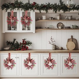 Egolot 6 PCS Christmas Cabinet Wreaths Set for Kitchen Window Wall, 9 Inch Mini Xmas Candle Rings with Red Berries, Christmas Small Ribbon Wreath for Cabinets Fireplace and Chair