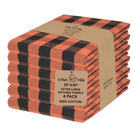 Urban Villa - Juego de 6 Toallas de Cocina de diseño de búfalo a Cuadros Naranja/Negro, 100% algodón, Altamente absorbentes, de Alta Calidad, Ultra Suaves, con Esquinas ingletadas