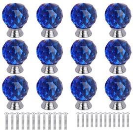 ANJUU 12 Pcs 30mm Round Shape Crystal Glass Cabinet Knobs with Screws Drawer Knob Pull Handle Used for Kitchen, Dresser, Door, Cupboard（Blue）