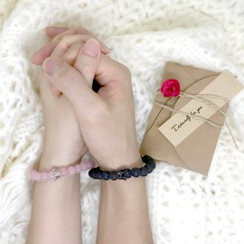 Couples Bracelets King&Queen Crown His and Her Bracelets Heart Matching Bracelets Long Distance Relationship Gifts for Boyfriend and Girlfriend on Anniversary Couples Jewelry for Women Men - Black&Rose Quartz