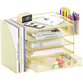 OPNICE Desk Organizers and Accessories, 5-Tier Paper File Organizer with Drawer & Pen Holder, Office Desk Accessories Workspace Desktop Organizer for Office Supplies(Gold)