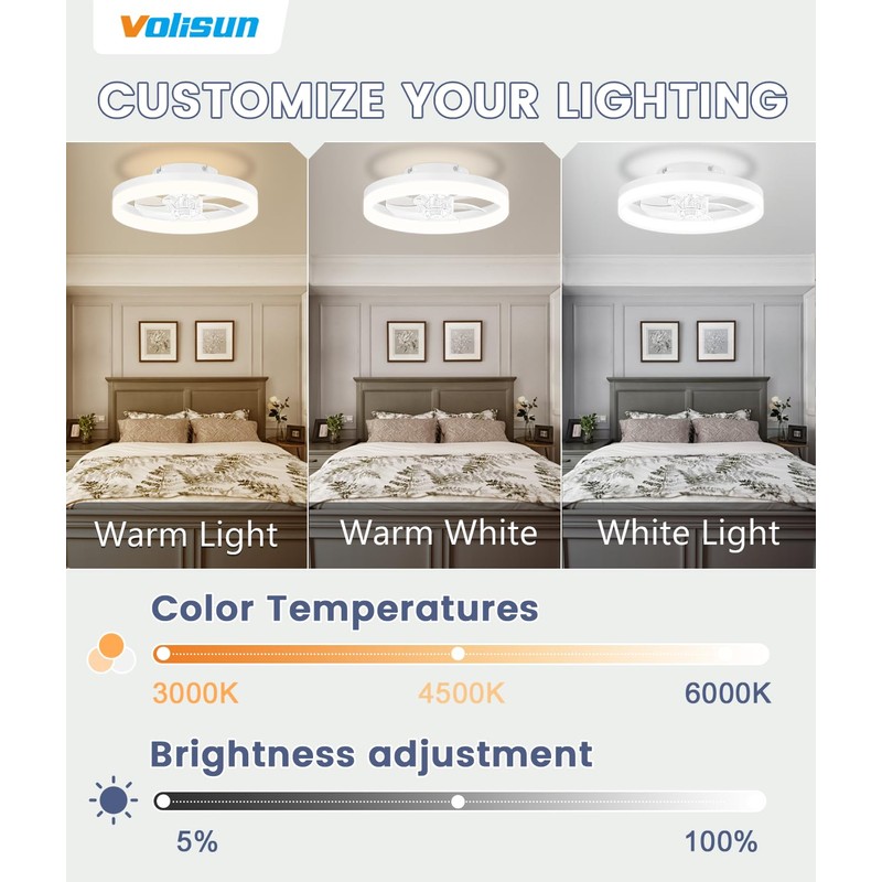 VOLISUN 13 inch Small Ceiling Fans with Lights and Remote,