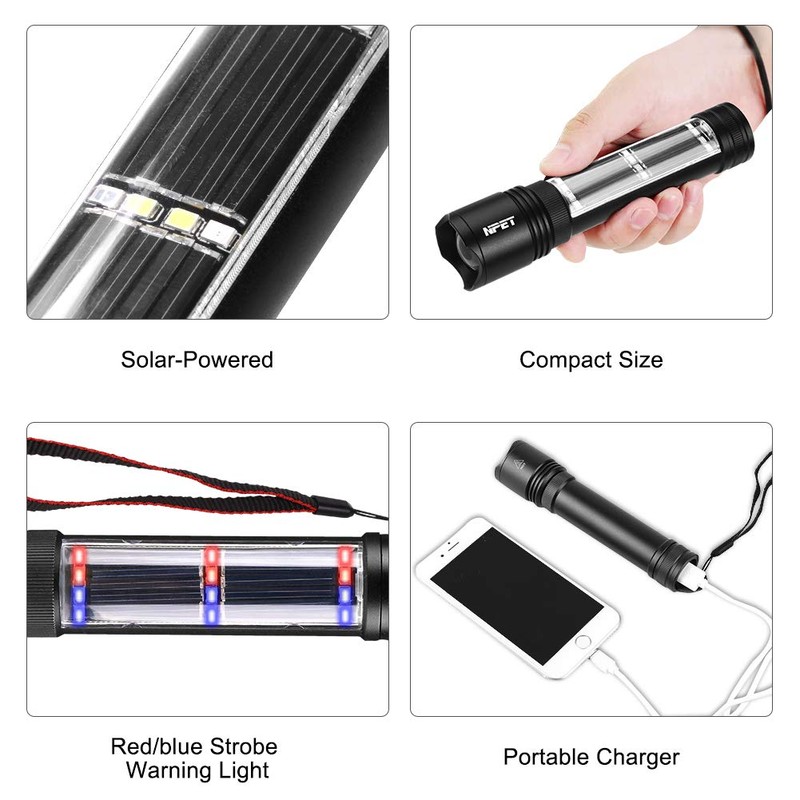 NPET T08-2 Solar Power Flashlight Car Flashlight USB Rechargeable Tactical