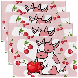 Girls Milk Cow Cherry Placemats Set of 4 Cow Fruit Red Pink Girly Table Mats Placemat Kids Toddler Kawaii Milk Cow Farmhouse Decor Table Place Mats Kitchen Dining Table Collection 45X30cm