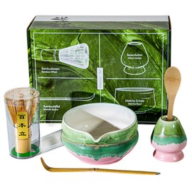Dmnnlp 5pcs Matcha Whisk Set, Matcha Tea Set with Whisk and Bowl, Ceramic Whisk Holder, Scoop, Matcha Making Kit for Traditional Japanese Tea Ceremony (Green Pink)