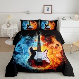 Guitar Bedding Set Rock Music Themed Comforter for Kids Adults Fire Water Musical Notes Comforter Set Electric Guitar Instruments Print Duvet Set Room Decor 3Pcs Full Size Boys
