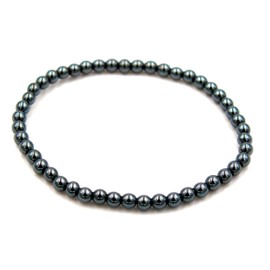 Taddart Minerals Silver Grey Natural Gemstone Hematite Bracelet with 4mm Balls on Elastic Nylon Thread - Handmade, Rubber
