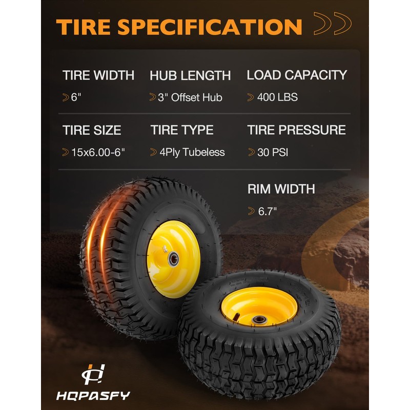 2 Pack 15x6.00-6 Tubeless Lawn Mower Tires, 3" Offset Hub,