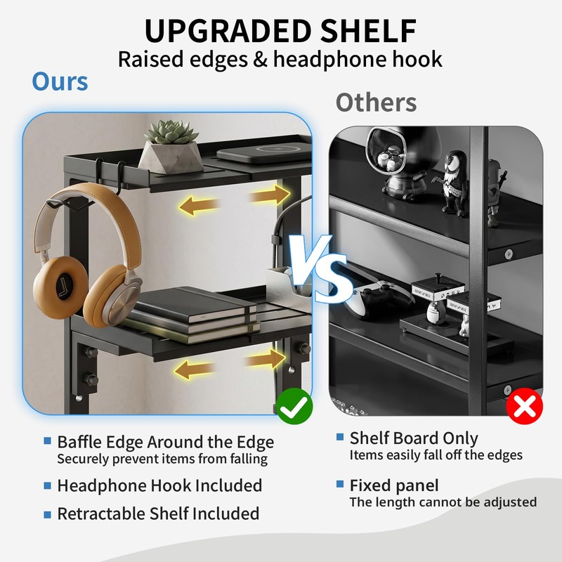 Expandable Clamp on Desk Shelf, Desktop Organizer with Headphone Holder