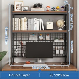 W WWEENUO Desktop Hutch Bookshelf, 2-Tier Metal Desk Shelf with Grid Panel, Wooden Desktop Display Rack for Computer Monitor, Countertop Storage Organizer for Office Home Dorm (Black)