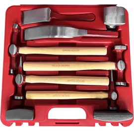 RQG 9pcs Auto Body Hammer and Dolly Set, Heavy Duty Car Dent Repair Kit, Carbon Steel Auto Body Repair Tools, Strong Hickory Wood Handles for Fender Bumper Dent Removal, DIY Metalworking