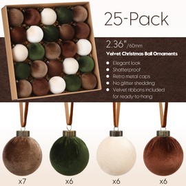 Sea Team 25-Pack Flocked Velvet Cloth Christmas Tree Ball Ornaments Set, Hanging Velour Baubles, Shatterproof Plastic Decorations for Xmas Tree, Wreath, Garland, 60mm/2.36 Inches, Prairie Fall