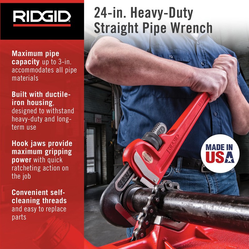 RIDGID 31030 Heavy-Duty Straight Pipe Wrench, 24" Sturdy Plumbing Wrench