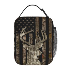 Gianlaima Camo Camouflage Deer American Flag Brown Insulated Lunch Box For Women And Man, Portable Lunch Bags Reusable Cooler Tote For Office Work Travel Picnic Camping Beach