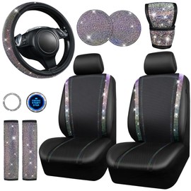 CAR PASS Bling Diamond Leather Seat Covers Sets 12pcs Shining Car Accessories Set for Women, Sparkly Rhinestone Steering Wheel Cover, Glitter Cute Crystal for Women Girl, Bedazzed Multicolor Diamond