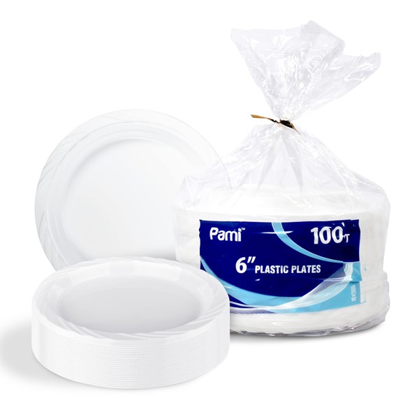 PAMI Premium Disposable Plastic Plates [Pack of 100] - 6” White Party Plates For Dinner Desserts Appetizers- Heavy-Duty Microwavable Plates In Bulk For Any Occasion- Elegant Plastic Dinnerware Set
