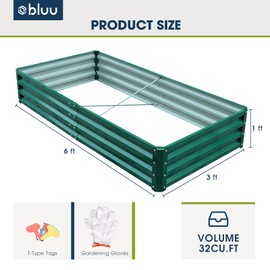 BLUU Galvanized Raised Garden Bed Metal Planter Box Outdoor for Vegetables, Flowers, Herbs with 10pcs T-Type Tags & a Pair of Gloves, 6×3×1FT, Green