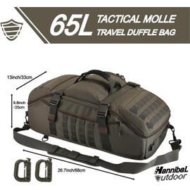 Hannibal Outdoor Travel Gym Duffle Bag Tactical, Gear Backpack for Men Women, 3 in 1 Backpack for Travel Sports Hiking Camping, Water Resistant & Easy Clean (Army Green, 65L)