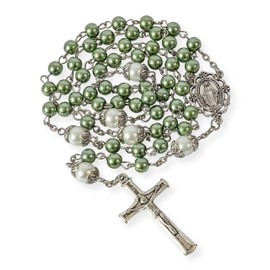 Nazareth Store 6mm Pearl-like Glass Rosaries with White Mystery Beads & Miraculous Medal | Includes Purple Velvet Bag - Stunning Prayer Beads for Spiritual Devotion (Green)