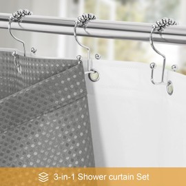 Craidlela 3 in 1 Extra Long Shower Curtain Set-72 W x 84 H, Grey Waffle and PEVA Liner Set with 12 Stainless Steel Hooks, Waterproof Fabric for Bathroom