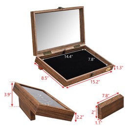 MOOCA Tempered-Glass Top Wooden Jewelry Display Case with Removable Base, Black Luxurious Velvet Jewelry Display Pad & 20 Removable Pins, Deeper 2.2" Design for Collectibles, Brown Color