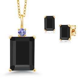 18K Yellow Gold Plated Silver Black Onyx and Blue Tanzanite Pendant Necklace Earrings Set For Women (7.87 Cttw, Gemstone December Birthstone, Emerald Cut 14X10MM and 6X4MM, with 18 Inch Chain)