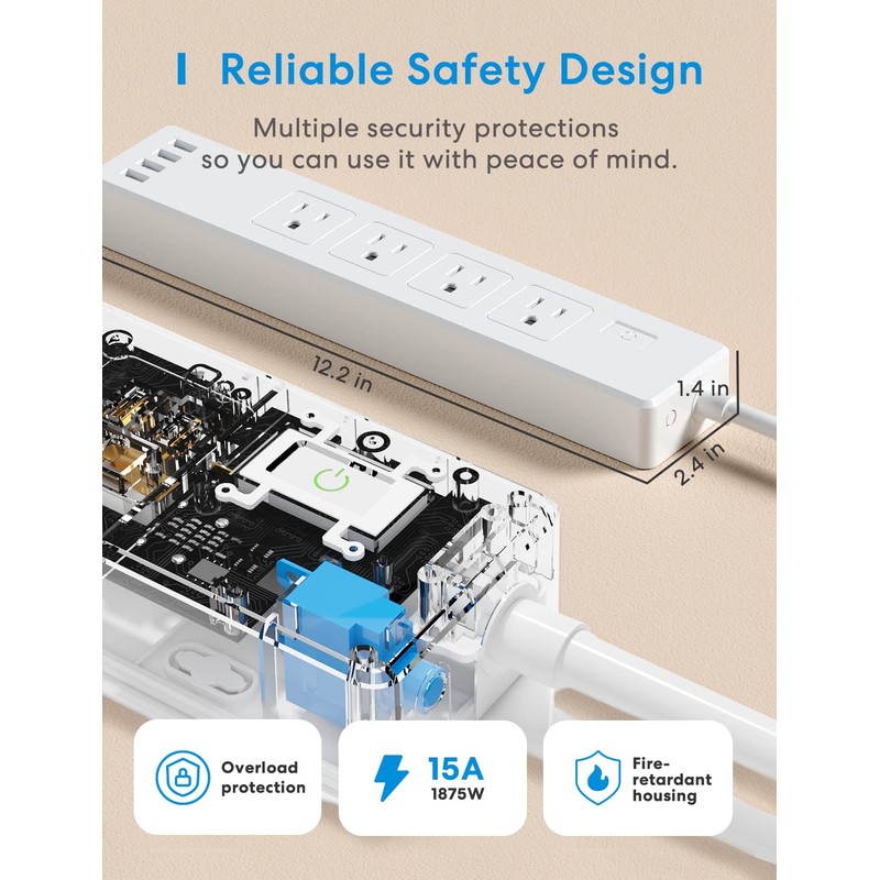 meross Smart Plug Power Strip, WiFi Flat Outlet 15A Compatible