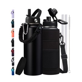 40 oz Insulated Water Bottle - Cold 48H & Hot 24H, Reusable Metal Water Bottle Hydro Cup with Paracord Handle Straw Spout Lids, Carrier Bag, Wide Mouth Thermal Mug for Sports Fitness Hiking