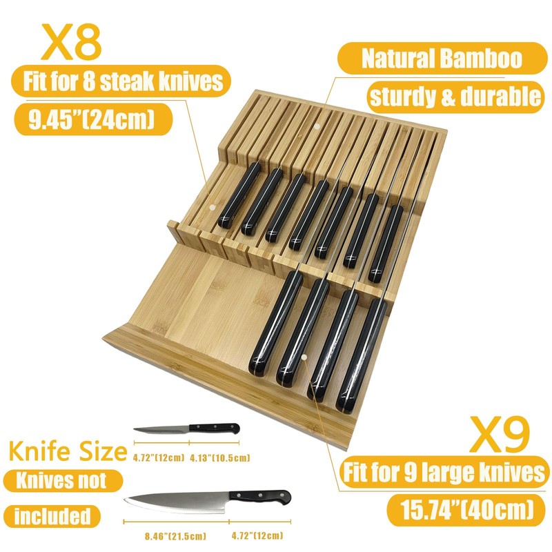 MIAO YUAN Bamboo In-Drawer Knife Block, 17 Slot Large Capacity