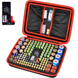 Comecase Battery Organizer Storage Box, Carrying Case Bag Holder - Holds 140+ Batteries AA AAA AAAA C D 9V - with Battery Tester - Red(Batteries are Not Included)