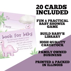 Amanda Creation Book Request Cards Purple Dinosaur Bring a Book Insert Request for Baby Shower - 20 2.5 by 4 Inch Double Sided Gift Tags, Made in the USA