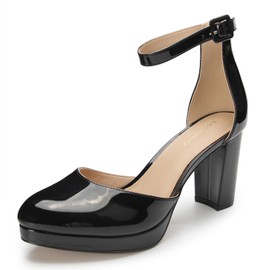 IAMQOO Black Women's Pumps, 3.2 Inch Low Closed Toe Heels,Chunky Heels for Women with Ankle Strap, Soft Dressy Shoes for Office,Wedding, Party