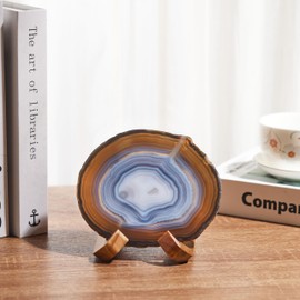 Luxury Lane Large Natural Brazilian Agate Slice Geode Rock Stone Drink Coaster with Wood Holder 4.7-5.5 inch Centerpiece Table Decoration, Oak Brown