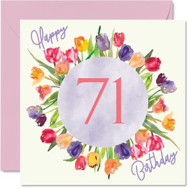 Beautiful 71st Birthday Card for Women - Watercolor Tulips Bouquet - Happy Birthday Card for Your Grandma Mum Birthday Gifts 145mm x 145mm Beautiful Floral Greeting Cards