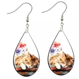 the fun things Orange Tabby Cat Napping on Books Earrings NO PLATING NO TARNISHING Teardrop