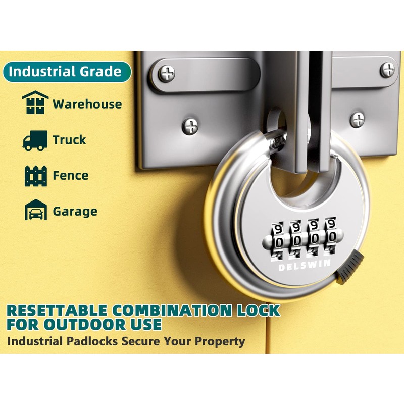 DELSWIN 4 Digit Combination Lock Disc Padlock with Hardened Steel