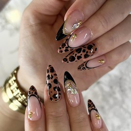Almond Press on Nails Medium - Leopard French Tip Fake Nails Gold Chain Steel Beads Charms Design Cheetah Print False Nails Full Cover Glossy Nails for Women 24PCS